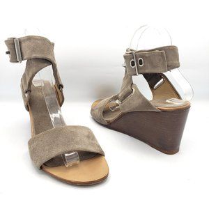 Rag Bone Damien Sandals Gray Suede Wrap Ankle Strap Brown Wedge Heel 10